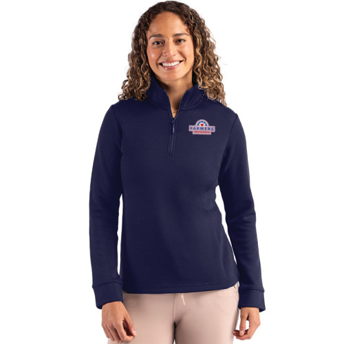 Ladies Navy Performance 1/4 Zip Soft Sweatshirt - Pink Logo